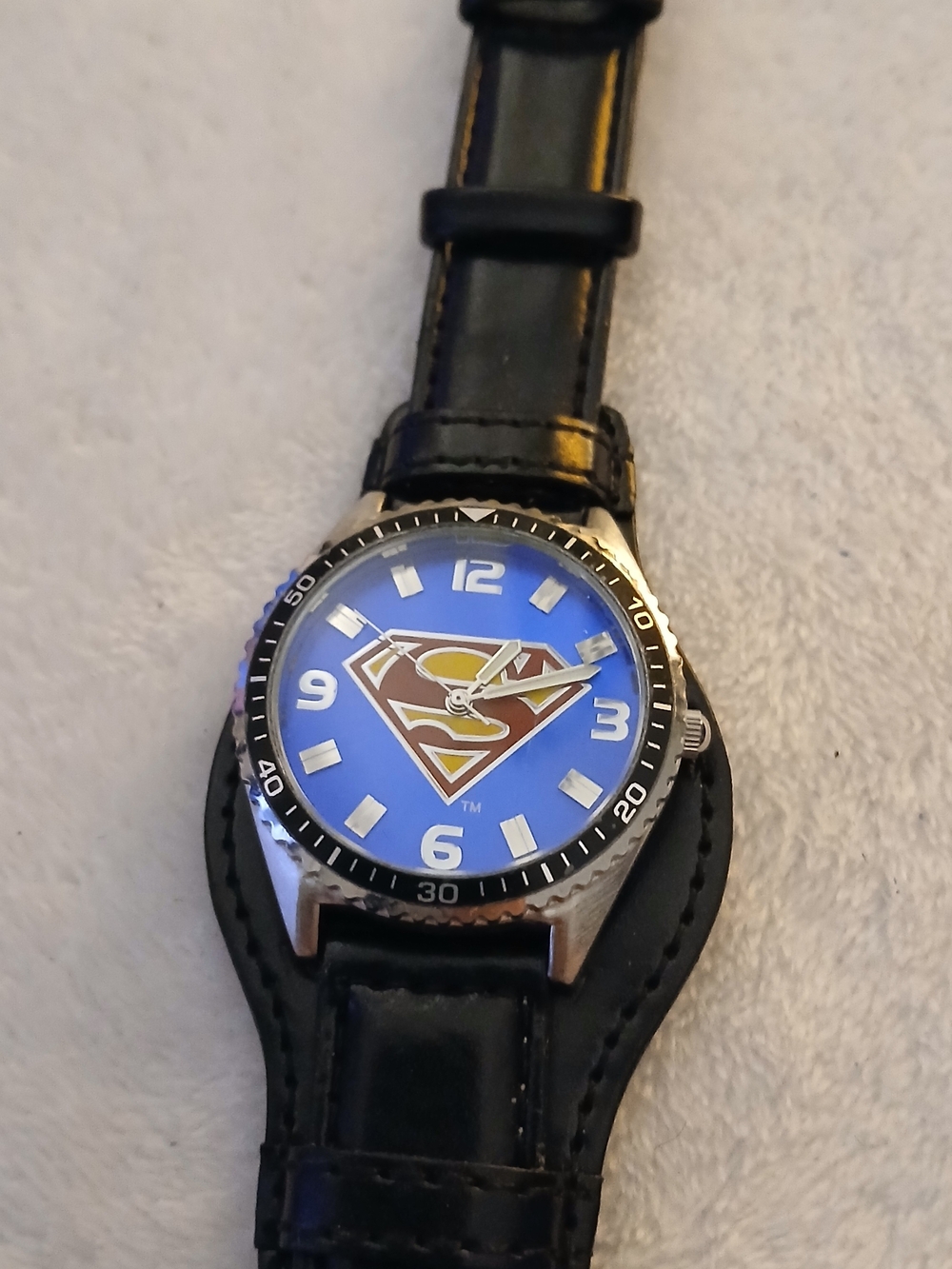 Superman DC Comics Men's Watch - Black Faux Leather Strap - NWOT + NEW BATTERY